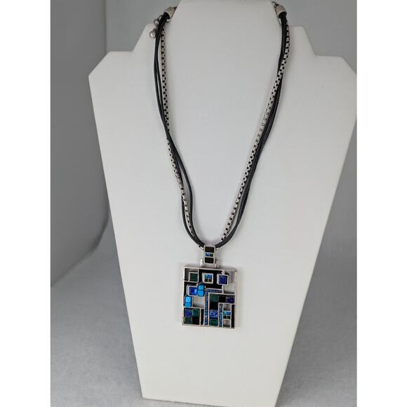 Vintage chico's Modernist Pendant 1.75" square1 leather + metal 17-21"EUCBlue - Picture 3 of 7